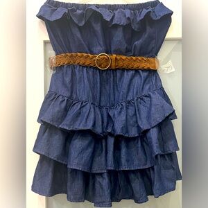 BRAND NEW (w/out tag) BBJ Denim Ruffled Strapless Mini Dress w/Braided Belt L